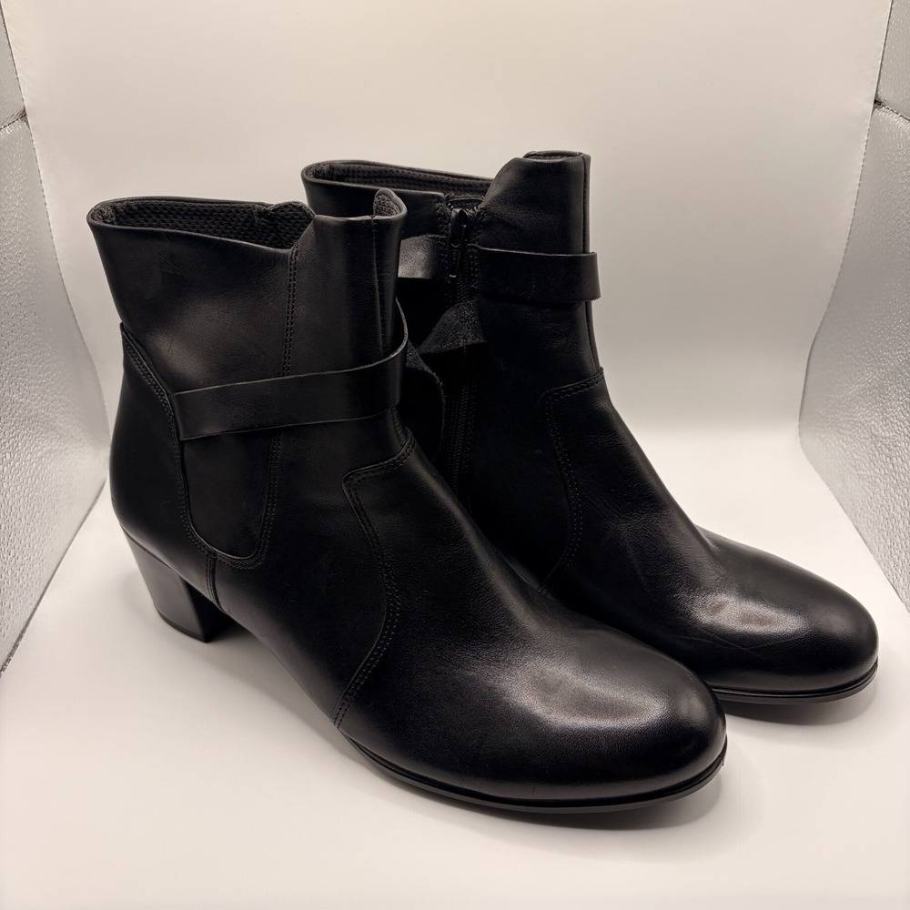 ECCO Womens 11-11.5 EU 42 Black Leather Ankle Boots Zip Block Heel 27317301001